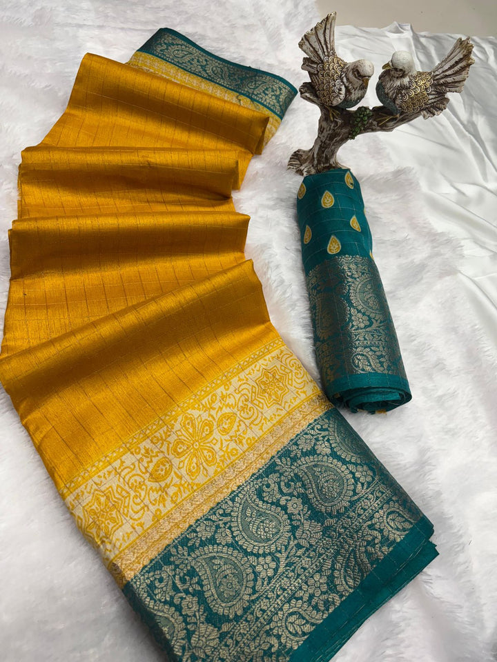 Yellow Color Soft Dola Cotton Saree With Kanjivaram Zari Border & Pallu Unstitched Blouse