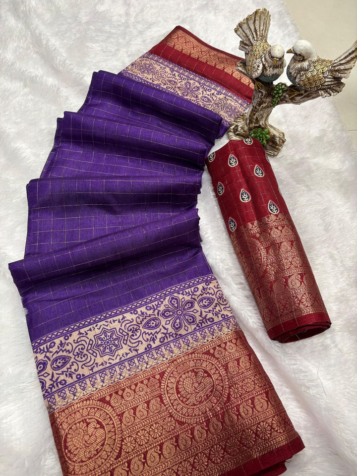 Purple Color Soft Dola Cotton Saree With Kanjivaram Zari Border & Pallu Unstitched Blouse