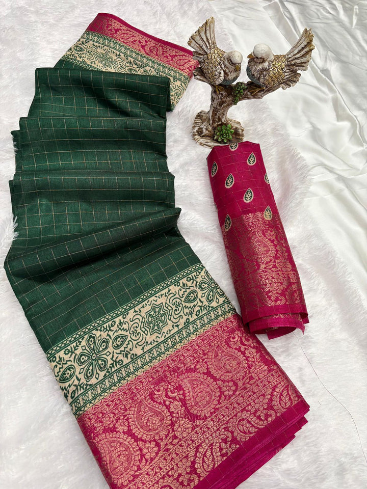 Green Color Soft Dola Cotton Saree With Kanjivaram Zari Border & Pallu Unstitched Blouse