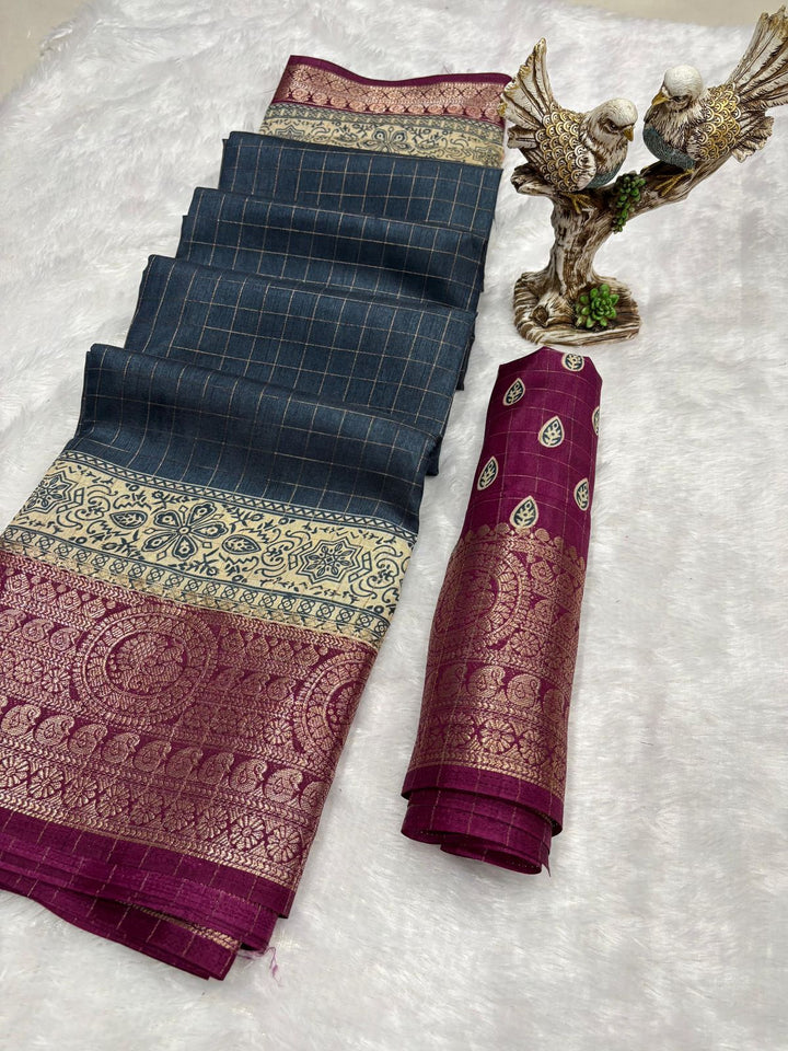 Gray Color Soft Dola Cotton Saree With Kanjivaram Zari Border & Pallu Unstitched Blouse