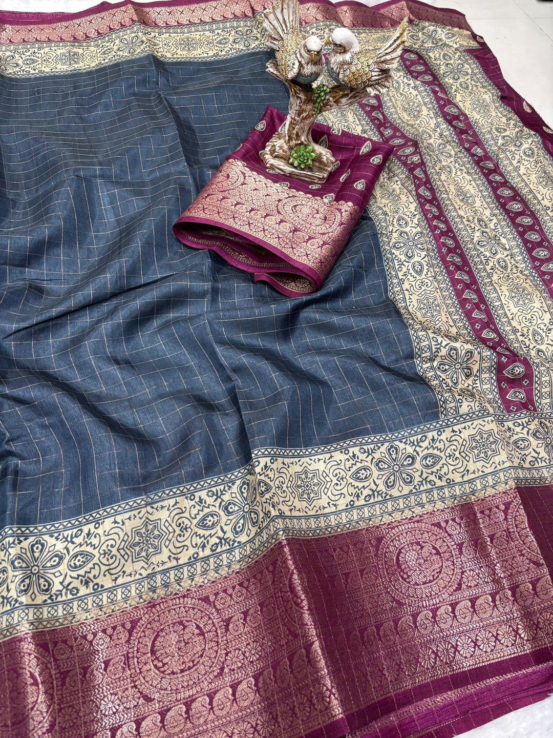 Gray Color Soft Dola Cotton Saree With Kanjivaram Zari Border & Pallu Unstitched Blouse