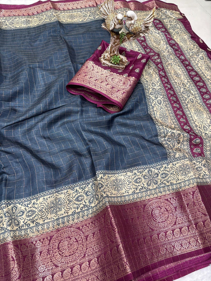 Gray Color Soft Dola Cotton Saree With Kanjivaram Zari Border & Pallu Unstitched Blouse