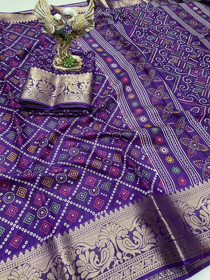 Purple Color Soft Dola Cotton Saree With Kalamkari Print, Kanjivaram Zari Border & Pallu