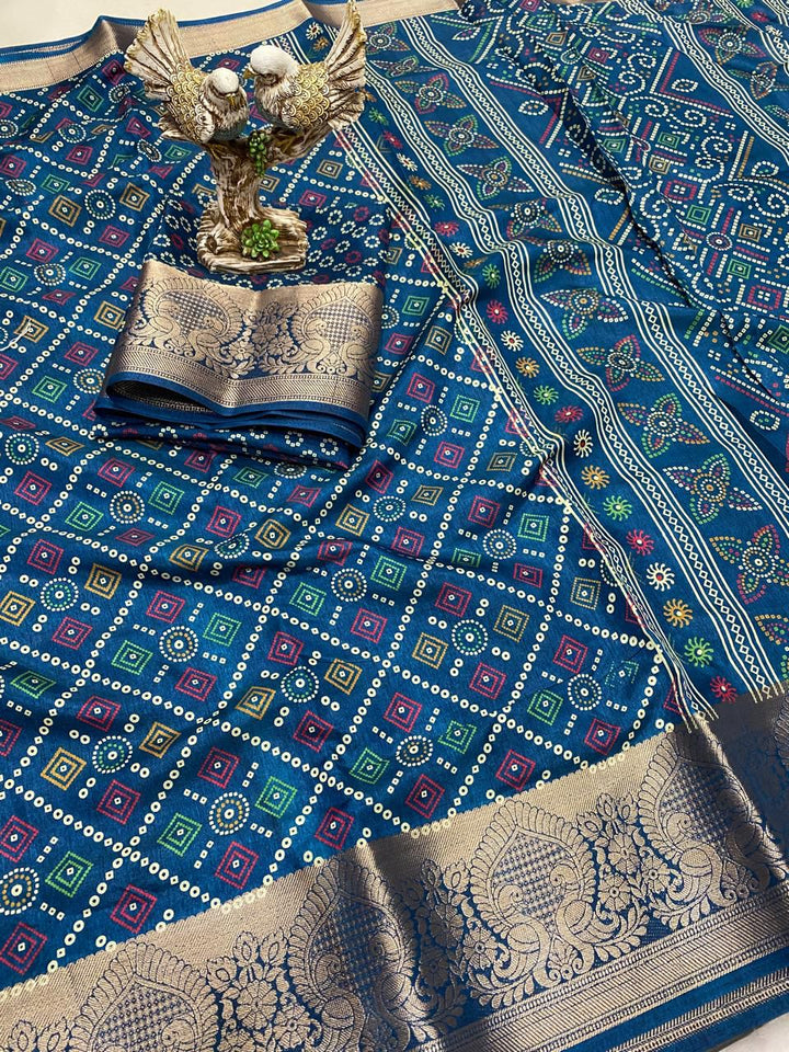 Teal Blue Color Soft Dola Cotton Saree With Kalamkari Print, Kanjivaram Zari Border & Pallu