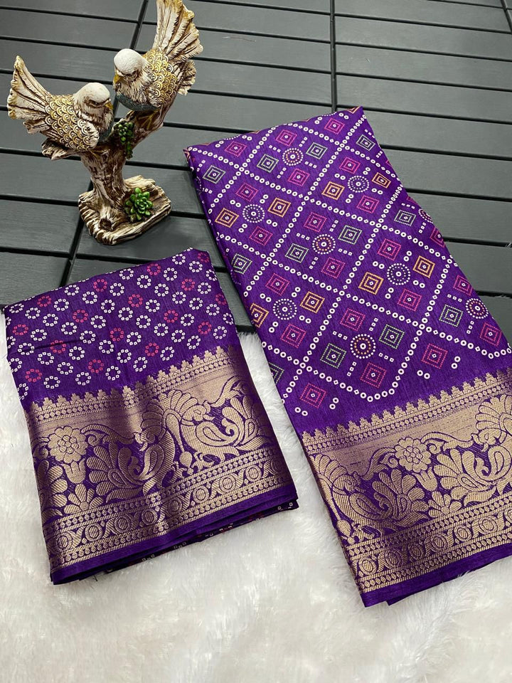Purple Color Soft Dola Cotton Saree With Kalamkari Print, Kanjivaram Zari Border & Pallu