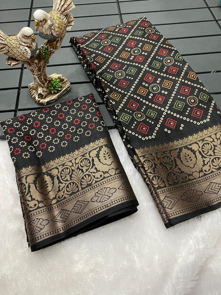 Black Color Soft Dola Cotton Saree With Kalamkari Print, Kanjivaram Zari Border & Pallu