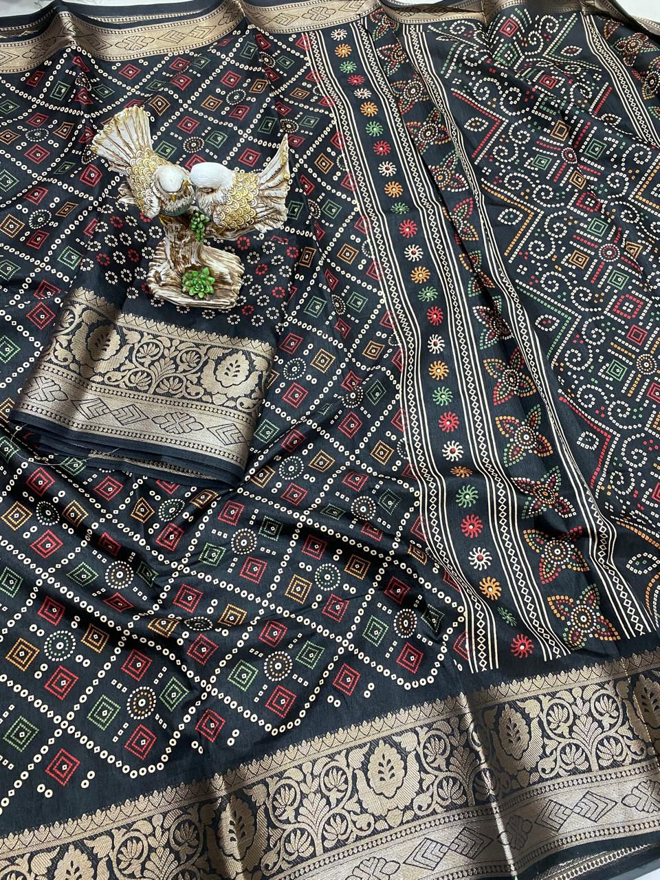 Black Color Soft Dola Cotton Saree With Kalamkari Print, Kanjivaram Zari Border & Pallu
