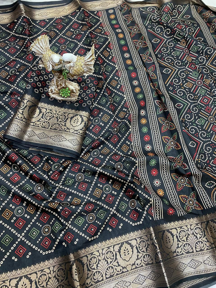 Black Color Soft Dola Cotton Saree With Kalamkari Print, Kanjivaram Zari Border & Pallu