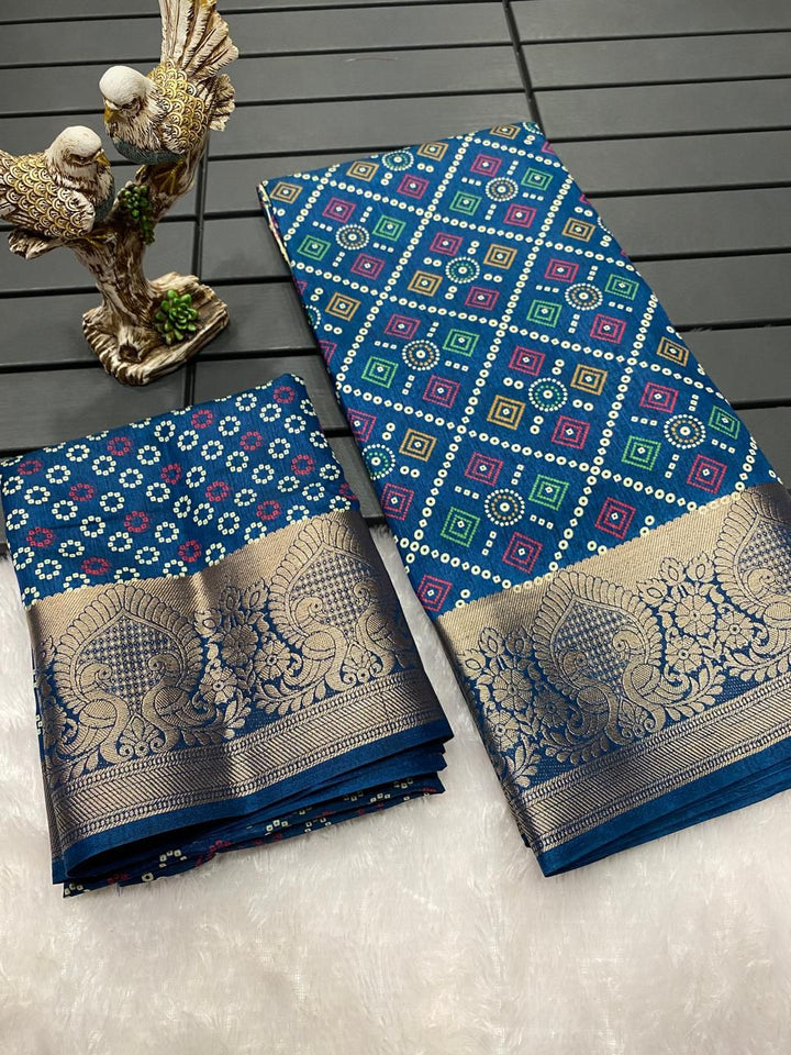 Teal Blue Color Soft Dola Cotton Saree With Kalamkari Print, Kanjivaram Zari Border & Pallu