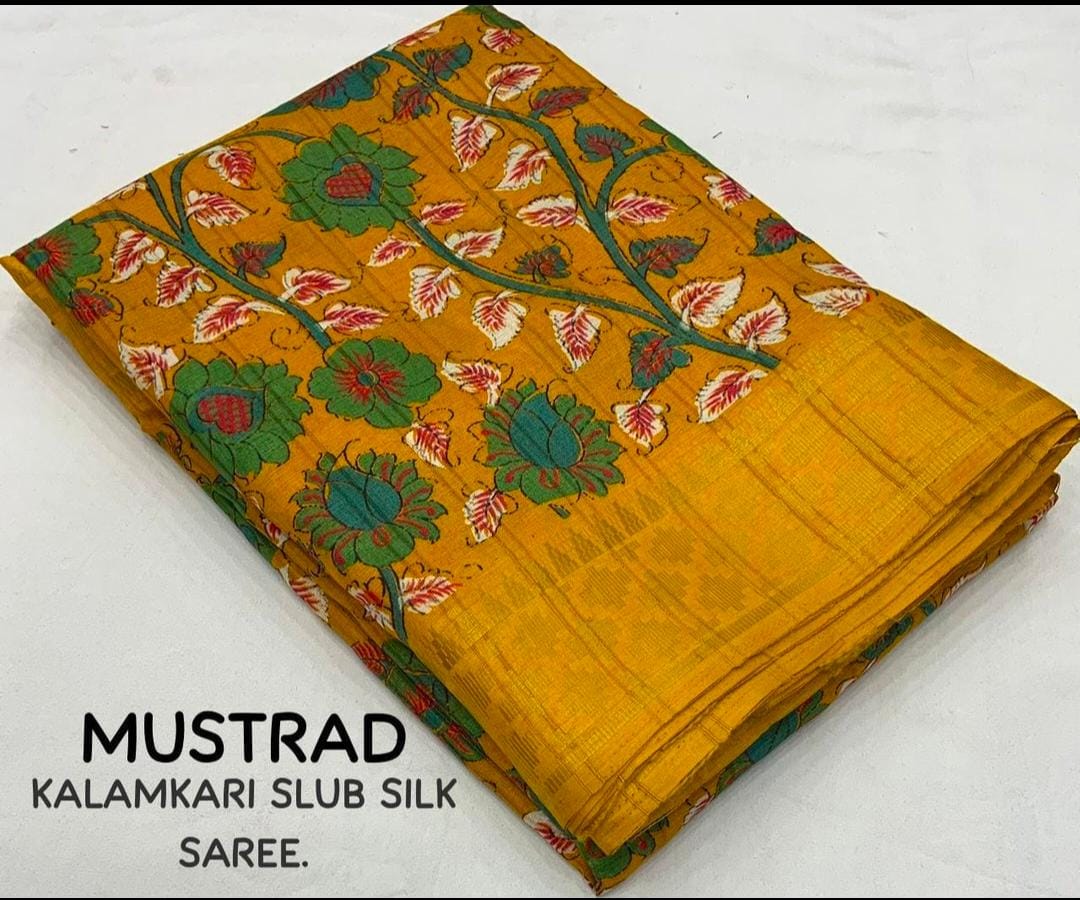 Mustrad  Color soft Dola cotton Kalamkari print saree with jecard kanjivaram zari border