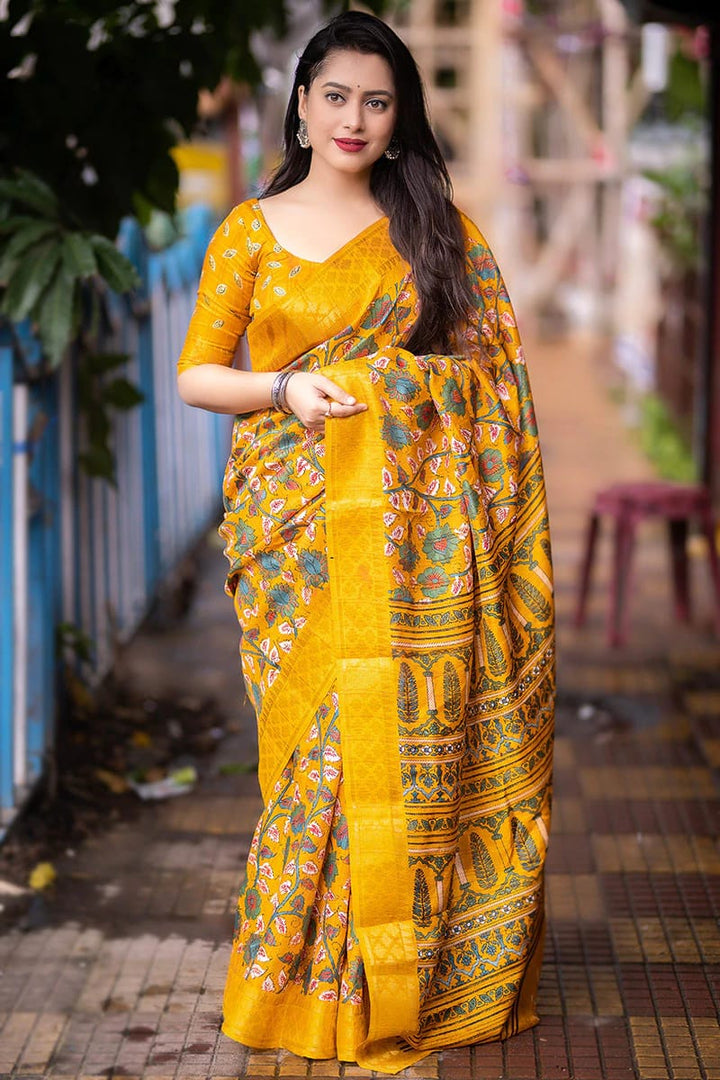 Mustrad  Color soft Dola cotton Kalamkari print saree with jecard kanjivaram zari border