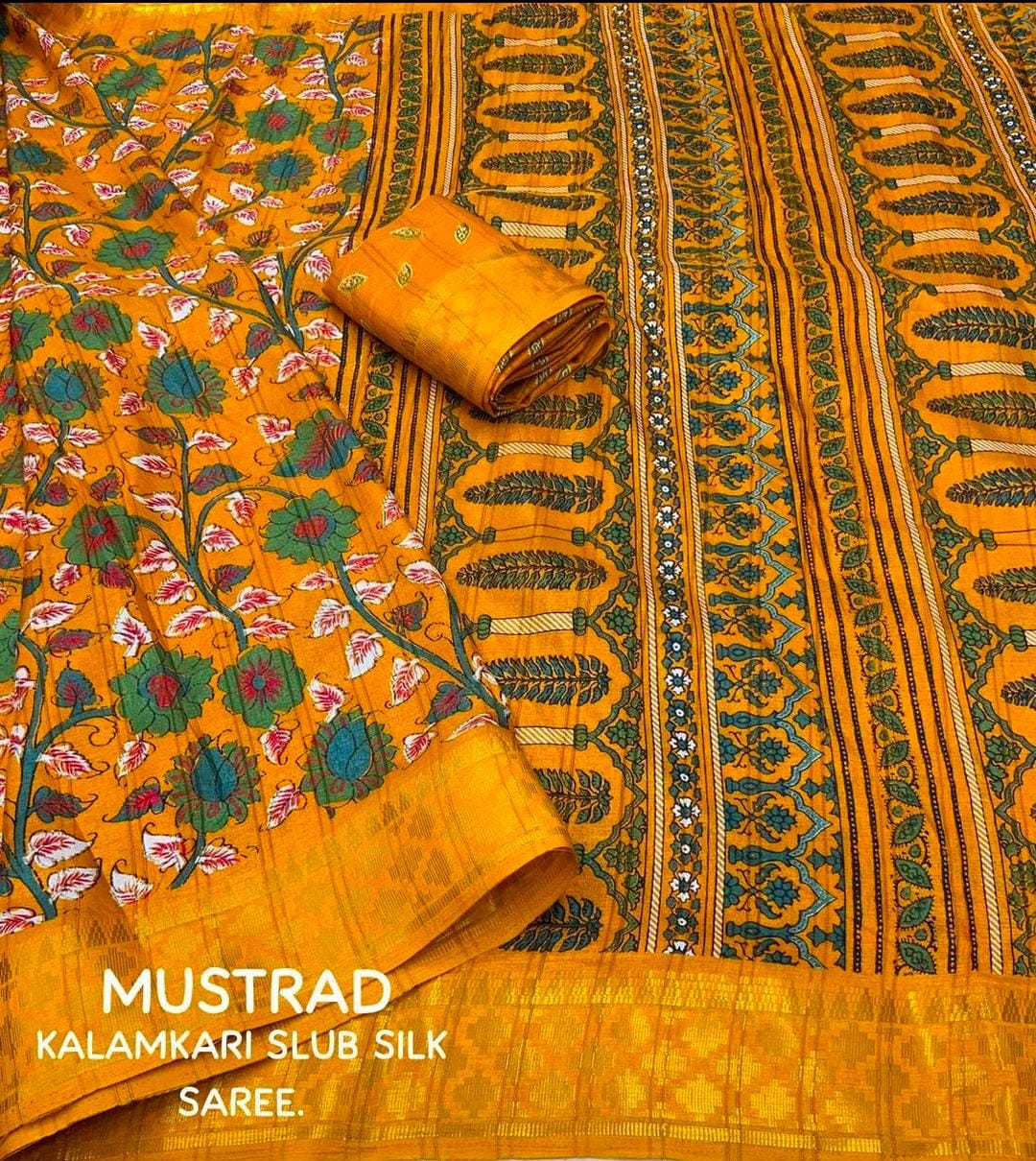 Mustrad  Color soft Dola cotton Kalamkari print saree with jecard kanjivaram zari border