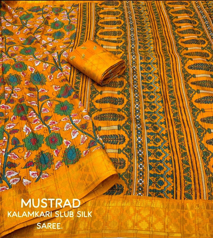 Mustrad  Color soft Dola cotton Kalamkari print saree with jecard kanjivaram zari border