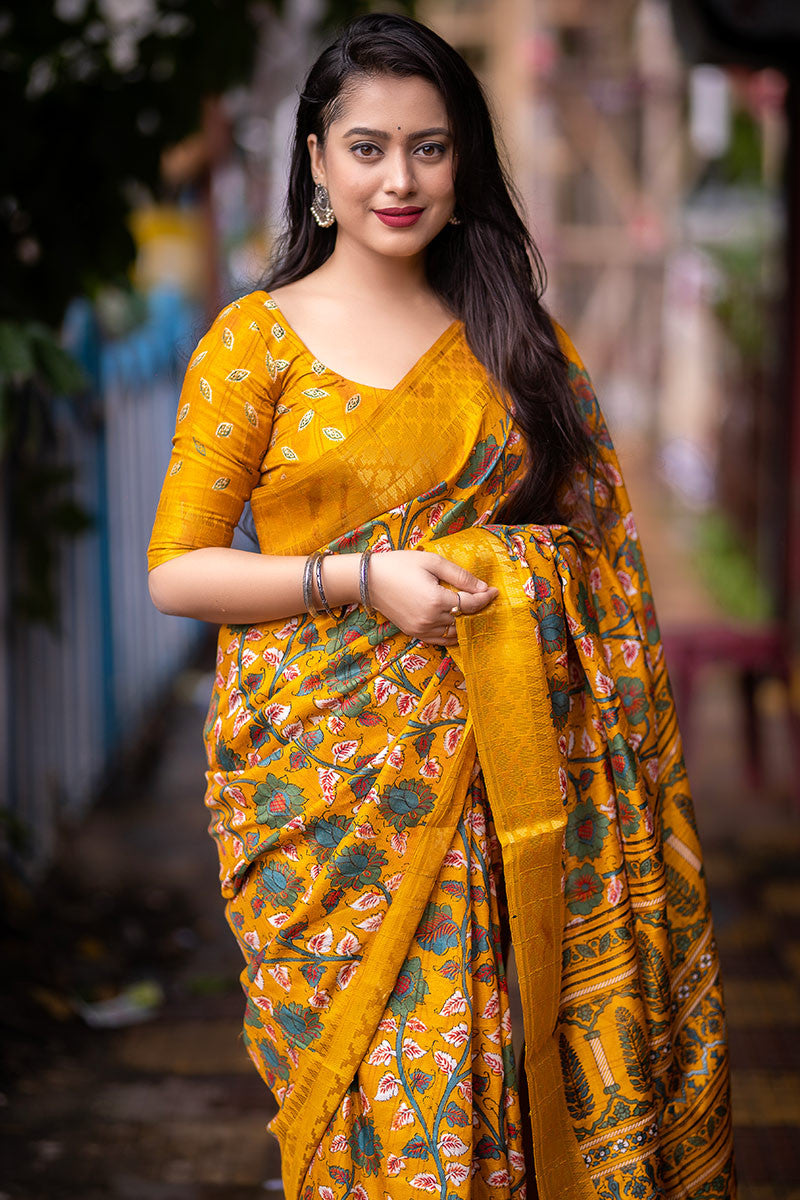 Mustrad  Color soft Dola cotton Kalamkari print saree with jecard kanjivaram zari border