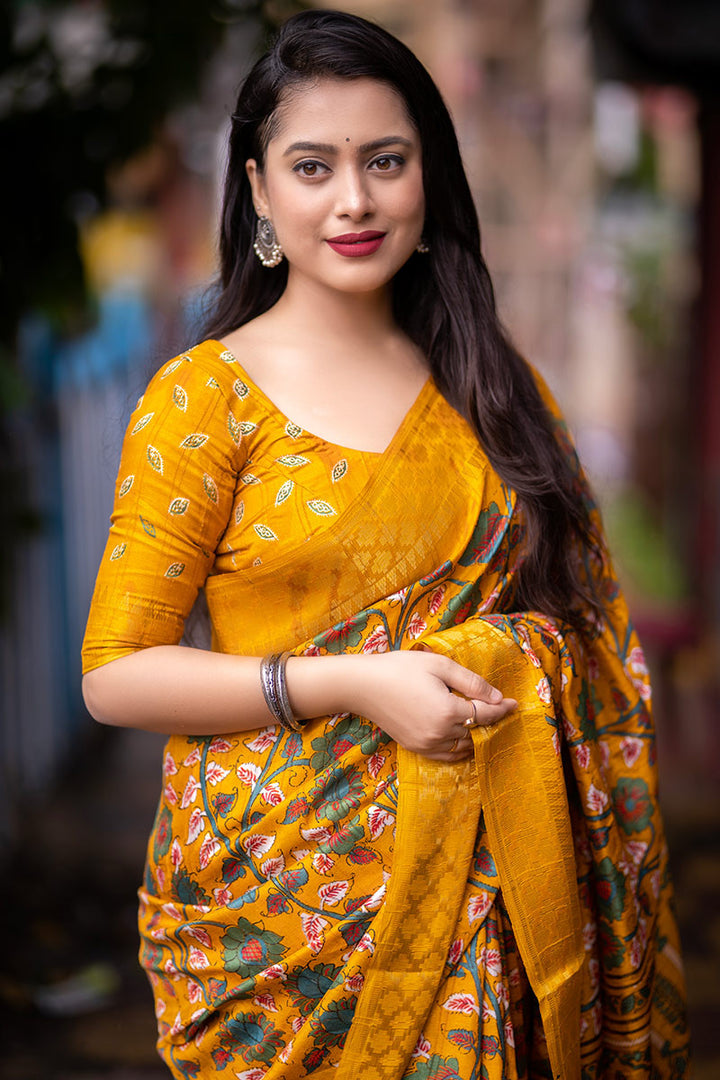 Mustrad  Color soft Dola cotton Kalamkari print saree with jecard kanjivaram zari border