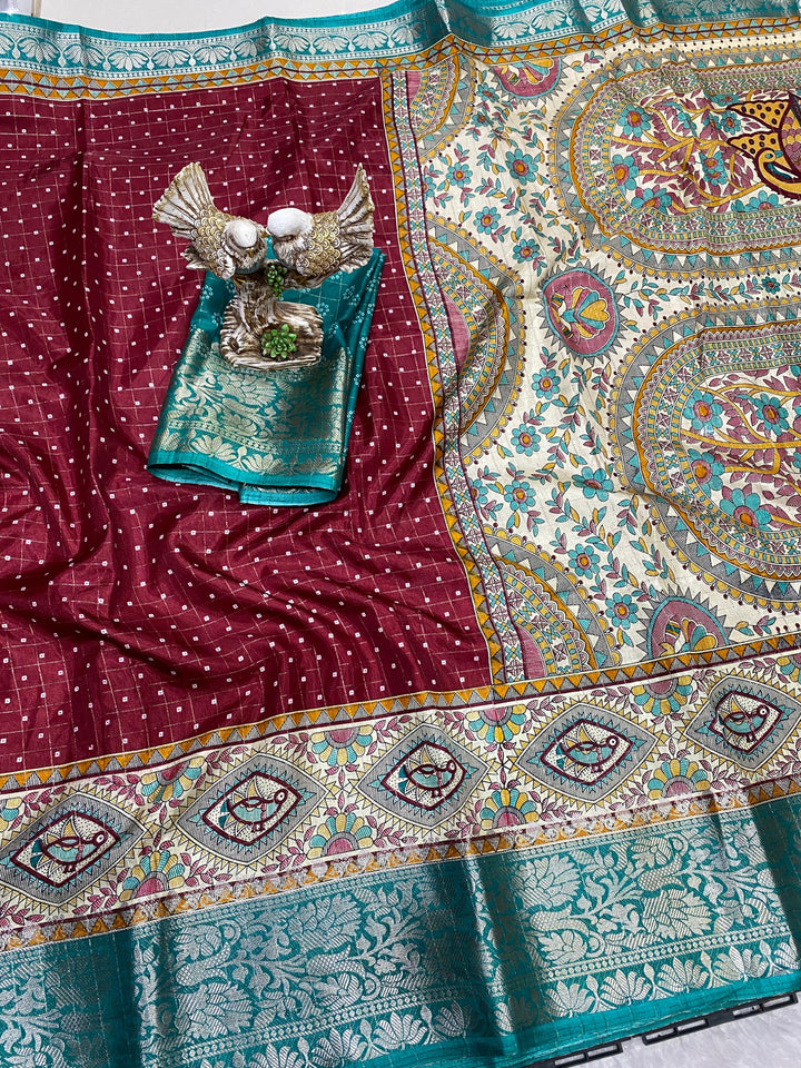 Maroon Color Soft Dola Cotton Saree Kanjivaram Zari Border & Pallu With Unstitched Blouse Piece
