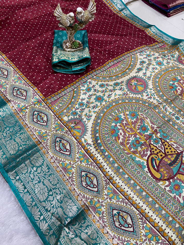 Maroon Color Soft Dola Cotton Saree Kanjivaram Zari Border & Pallu With Unstitched Blouse Piece