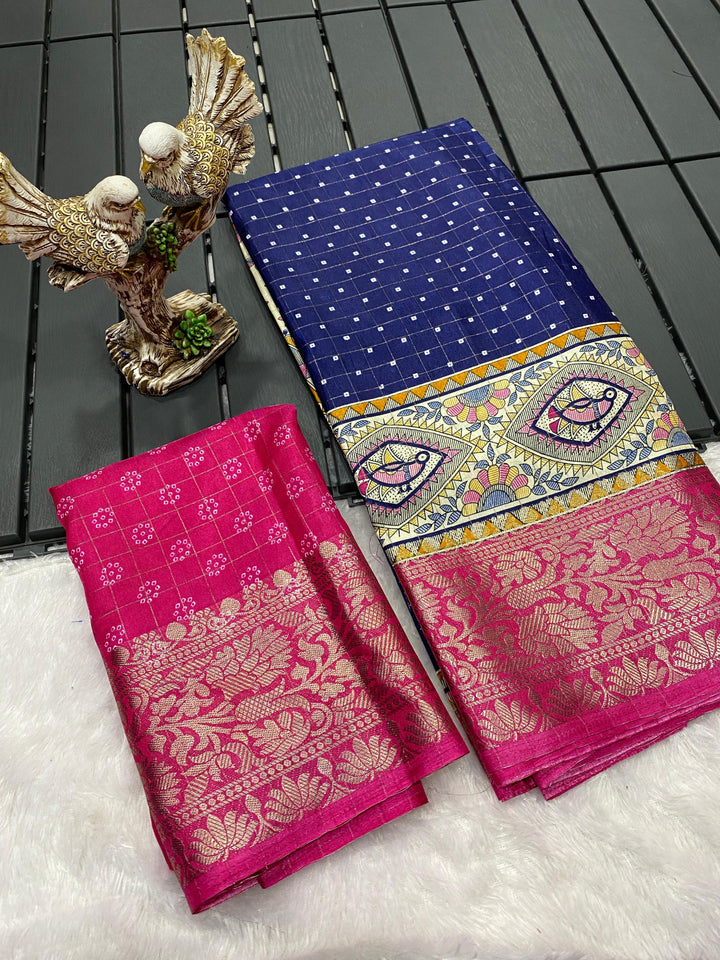 Navy Blue Color Soft Dola Cotton Saree With Kanjivaram Zari Border & Pallu Unstitched Blouse Piece
