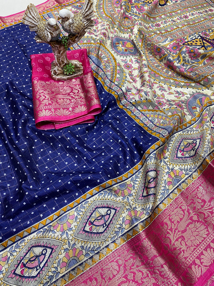 Navy Blue Color Soft Dola Cotton Saree With Kanjivaram Zari Border & Pallu Unstitched Blouse Piece