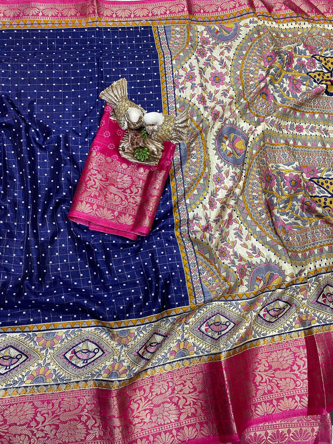 Navy Blue Color Soft Dola Cotton Saree With Kanjivaram Zari Border & Pallu Unstitched Blouse Piece