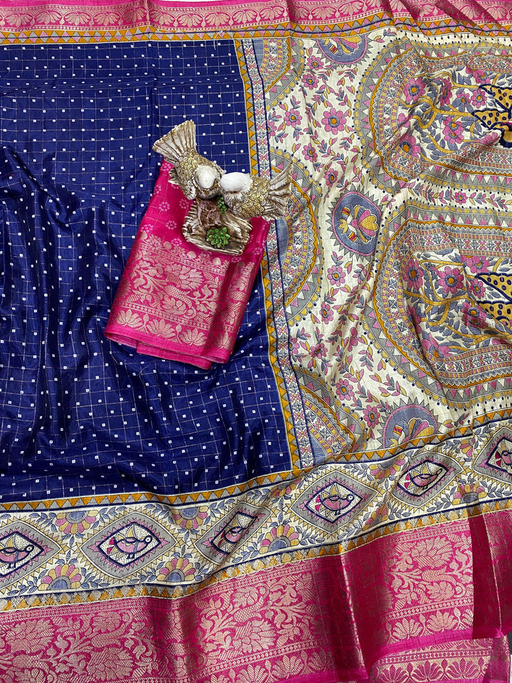 Navy Blue Color Soft Dola Cotton Saree With Kanjivaram Zari Border & Pallu Unstitched Blouse Piece