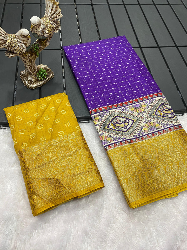 Purple Color Soft Dola Cotton Saree With Kanjivaram Zari Border & Pallu Unstitched Blouse Piece