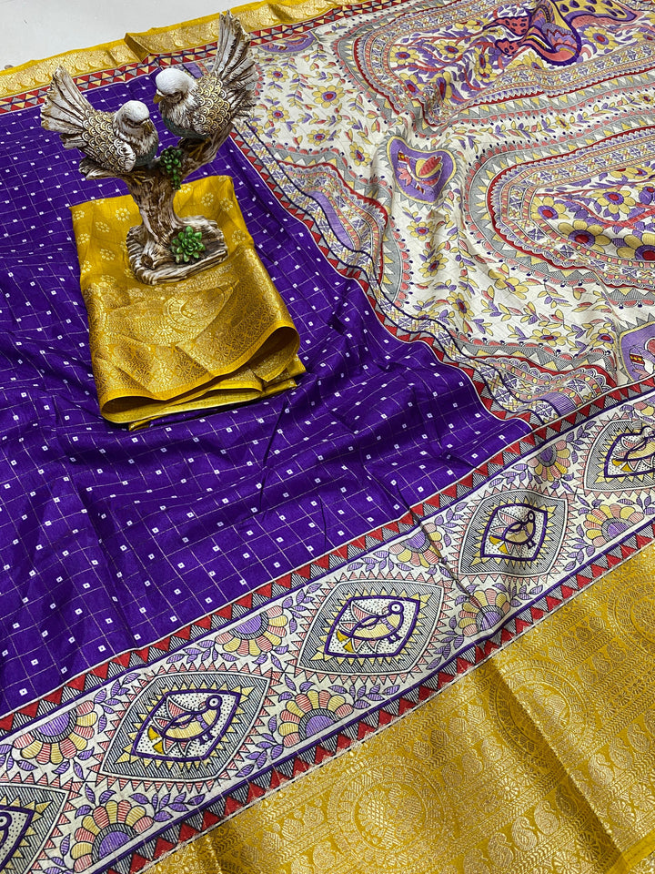 Purple Color Soft Dola Cotton Saree With Kanjivaram Zari Border & Pallu Unstitched Blouse Piece
