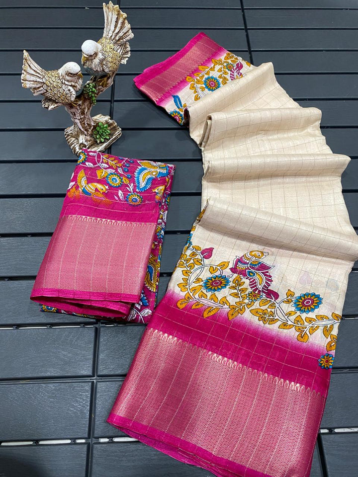 Off White Color Soft Dola Cotton Saree With Kanjivaram Zari Border & Pallu Unstitched Blouse