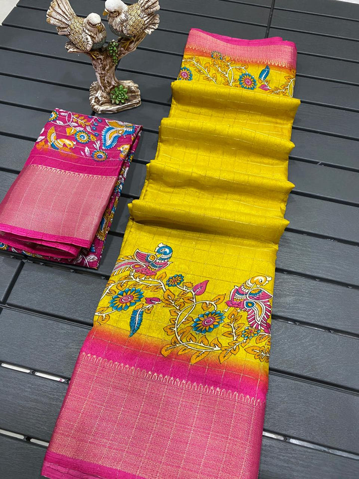 Yellow Color Soft Dola Cotton Saree With Kanjivaram Zari Border & Pallu Unstitched Blouse