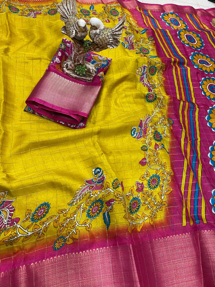 Yellow Color Soft Dola Cotton Saree With Kanjivaram Zari Border & Pallu Unstitched Blouse