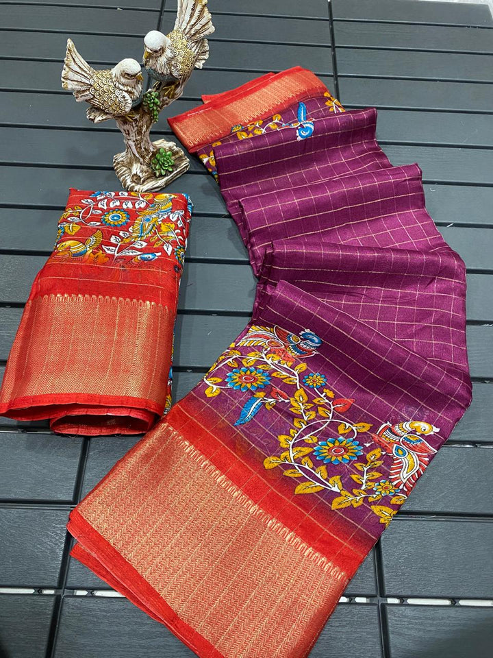 Purple Color Soft Dola Cotton Saree With Kanjivaram Zari Border & Pallu Unstitched Blouse