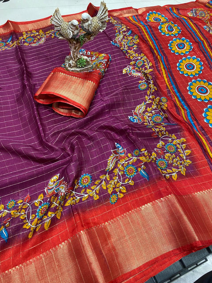 Purple Color Soft Dola Cotton Saree With Kanjivaram Zari Border & Pallu Unstitched Blouse