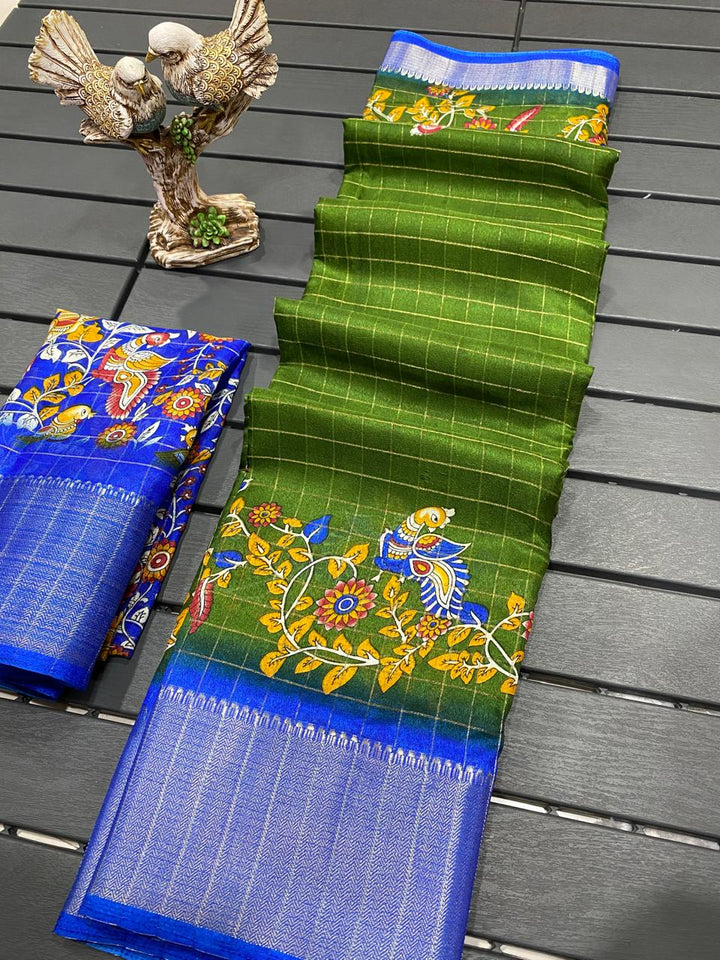 Green Color Soft Dola Cotton Saree With Kanjivaram Zari Border & Pallu Unstitched Blouse