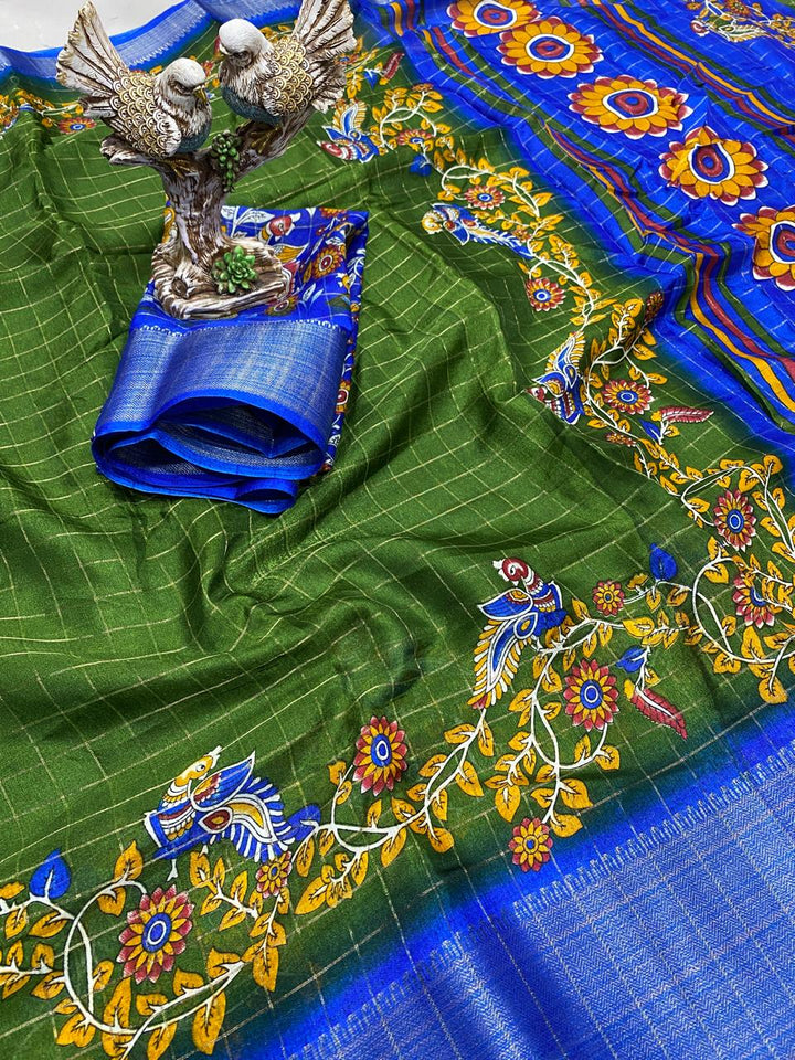Green Color Soft Dola Cotton Saree With Kanjivaram Zari Border & Pallu Unstitched Blouse