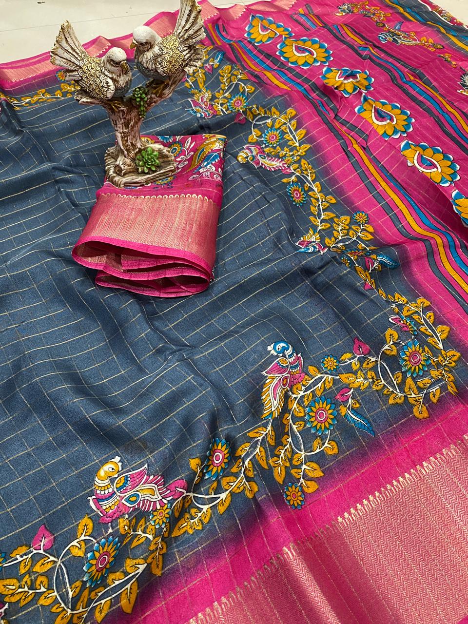 Grey Color Soft Dola Cotton Saree With Kanjivaram Zari Border & Pallu Unstitched Blouse