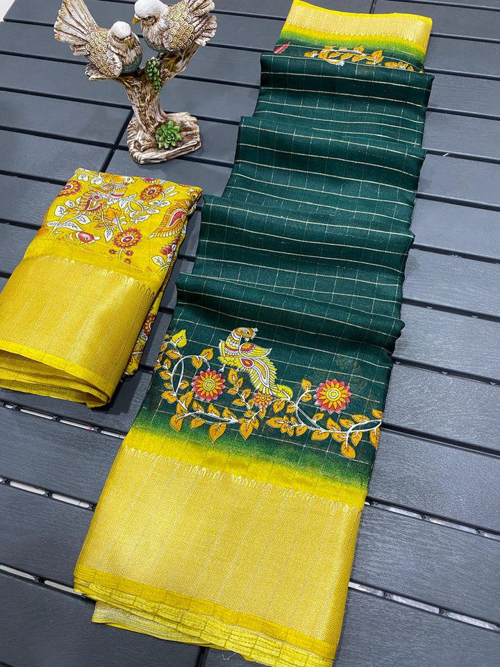 dark Green Color Soft Dola Cotton Saree With Kanjivaram Zari Border & Pallu Unstitched Blouse