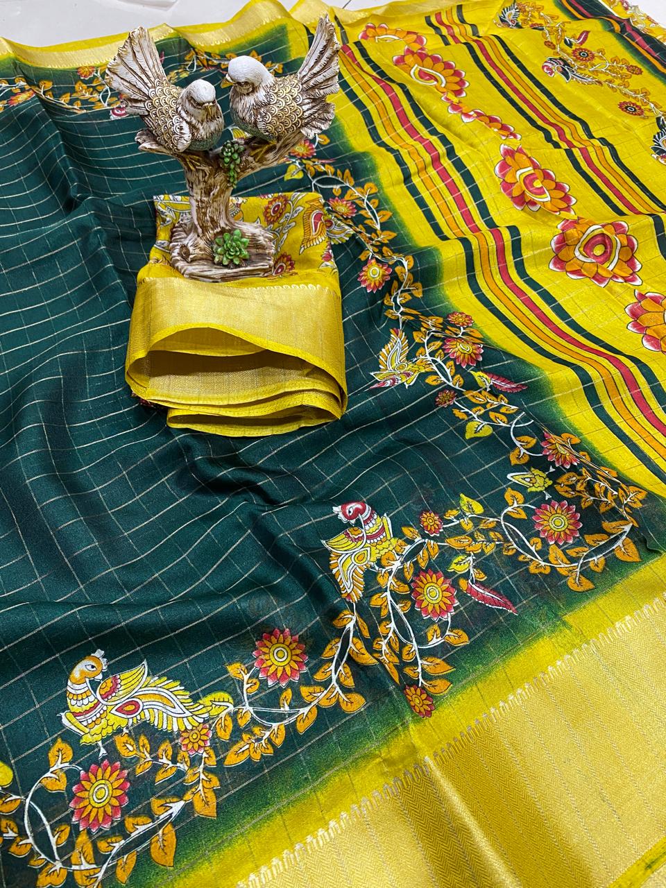 dark Green Color Soft Dola Cotton Saree With Kanjivaram Zari Border & Pallu Unstitched Blouse