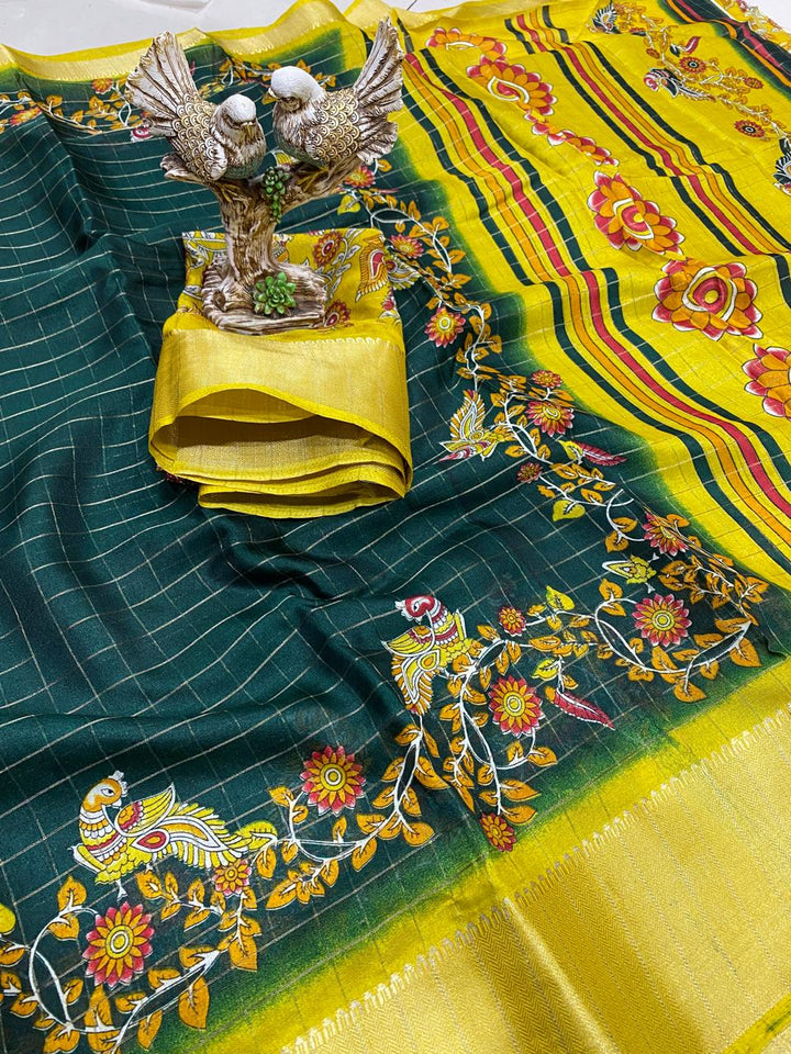 dark Green Color Soft Dola Cotton Saree With Kanjivaram Zari Border & Pallu Unstitched Blouse