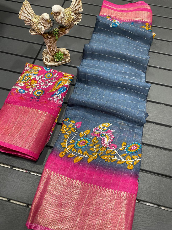 Grey Color Soft Dola Cotton Saree With Kanjivaram Zari Border & Pallu Unstitched Blouse