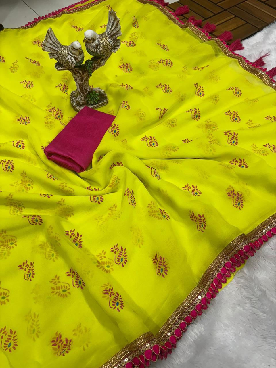Yellow Color Smoth Georgette with beautiful embroidery lace border with beautiful latkan