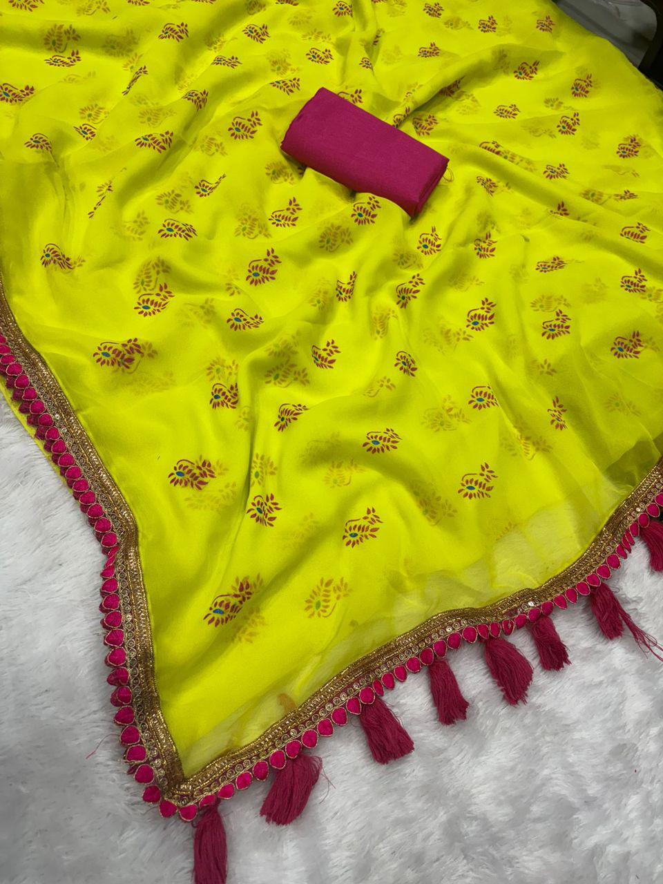 Yellow Color Smoth Georgette with beautiful embroidery lace border with beautiful latkan