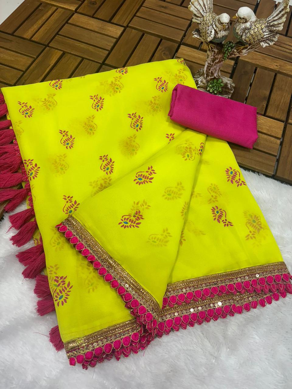 Yellow Color Smoth Georgette with beautiful embroidery lace border with beautiful latkan