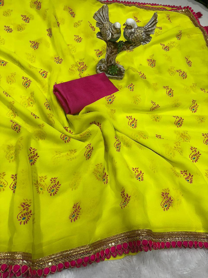 Yellow Color Smoth Georgette with beautiful embroidery lace border with beautiful latkan
