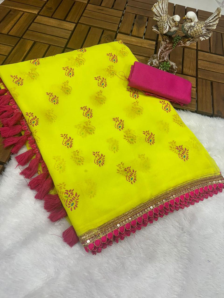 Yellow Color Smoth Georgette with beautiful embroidery lace border with beautiful latkan