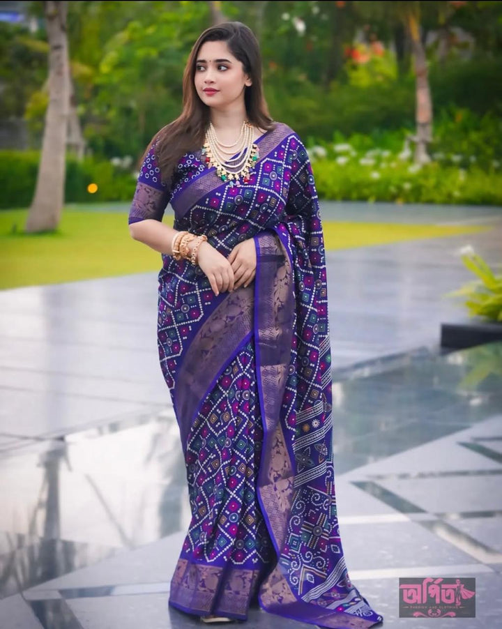 Blue Color Soft Dola Cotton Saree With Kalamkari Print, Kanjivaram Zari Border & Pallu