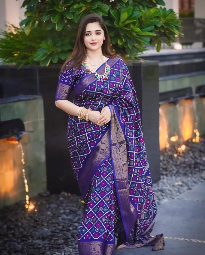 Blue Color Soft Dola Cotton Saree With Kalamkari Print, Kanjivaram Zari Border & Pallu