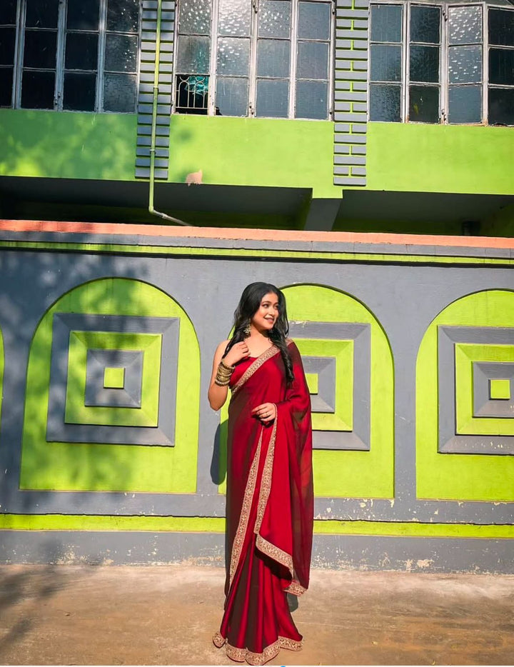 Red Color Soft Chinnon Saree With Beautiful Unstitched Blouse Piece