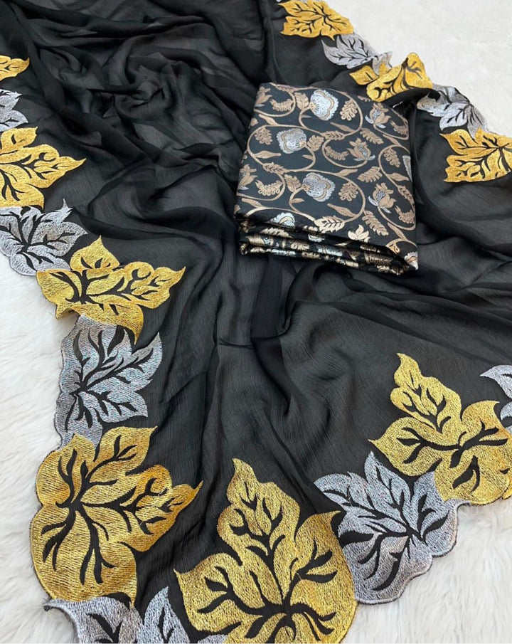 Black Colour Blooming Georgette With Embroidery Full Work Saree