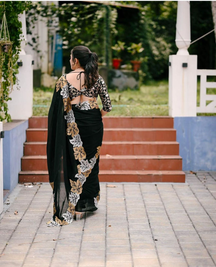 Black Colour Blooming Georgette With Embroidery Full Work Saree