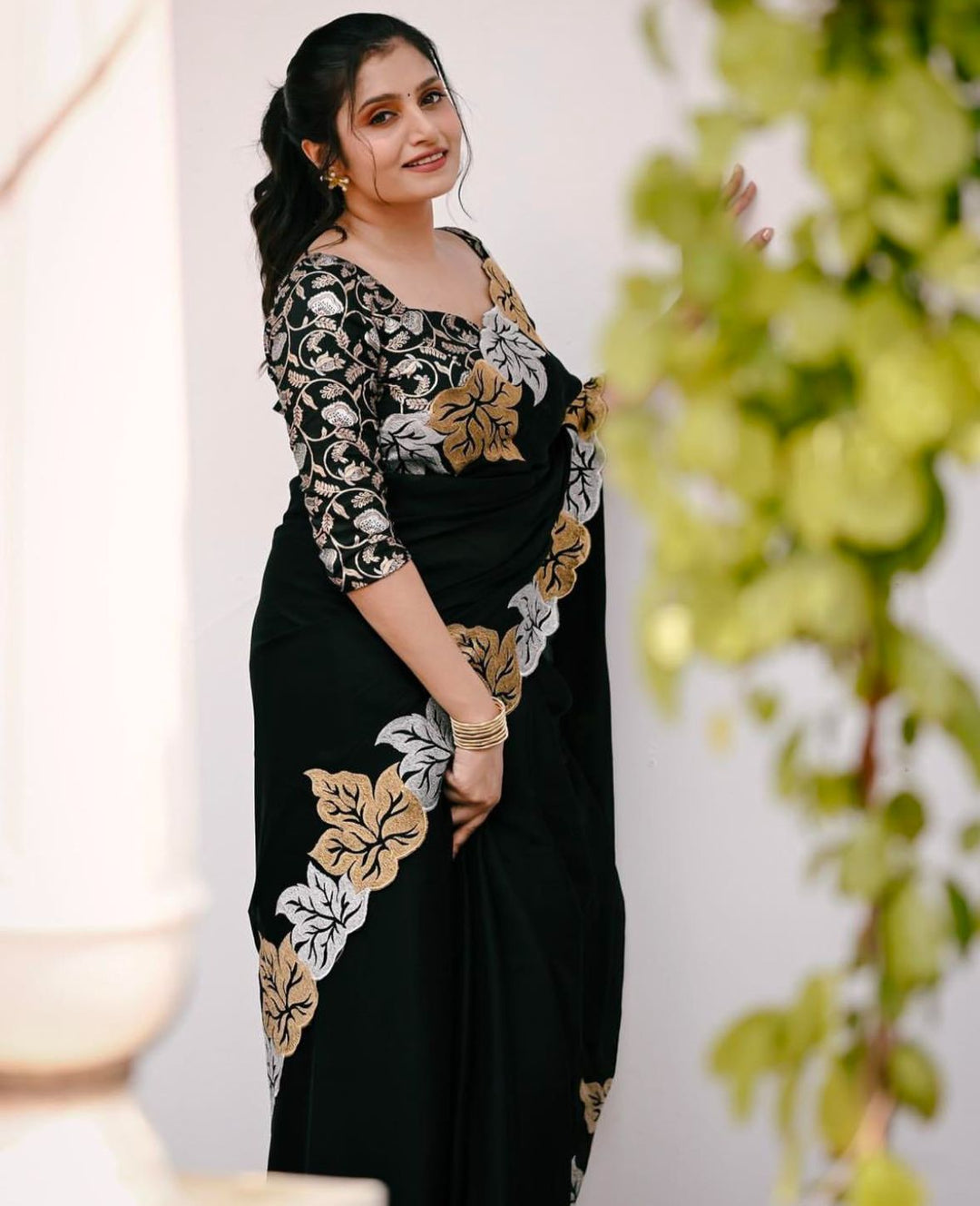 Black Colour Blooming Georgette With Embroidery Full Work Saree